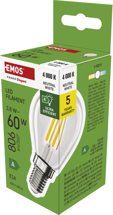 EMOS LED FLM MINI GL 3,8W(60W) 806lm E14 NW A CLAS