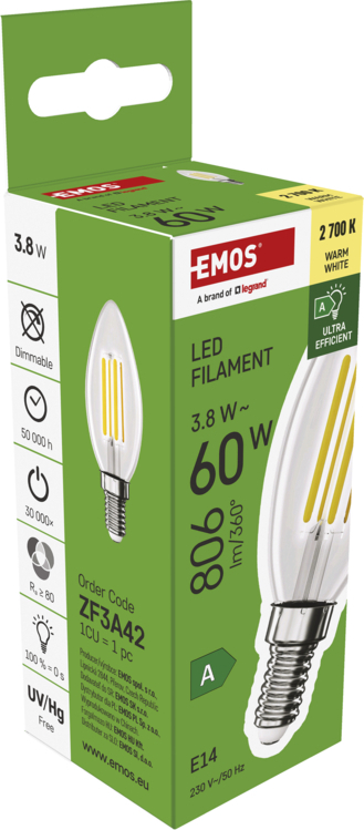 EMOS LED FLM CANDLE 3,8W(60W) 806lm E14 WW A CLASS