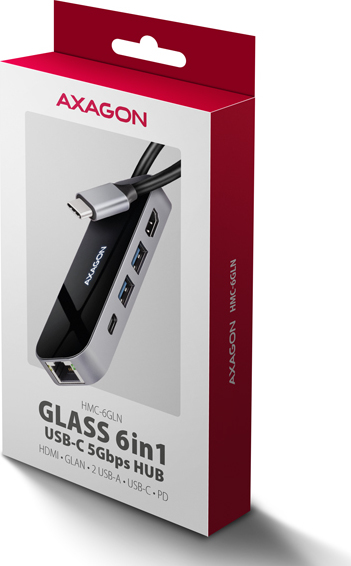 AXAGON HMC-6GLN, USB 5Gbps hub, 2x USB-A, USB-C, HDMI 4k/60Hz, RJ-45 GLAN, PD 100W, kábel USB-C 20cm