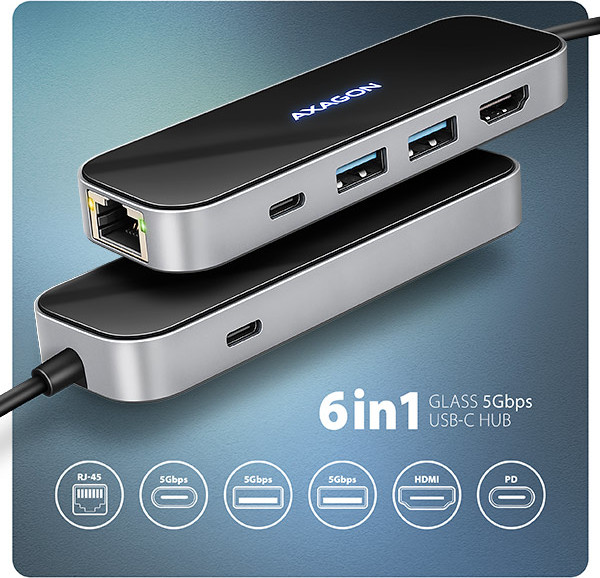 AXAGON HMC-6GLN, USB 5Gbps hub, 2x USB-A, USB-C, HDMI 4k/60Hz, RJ-45 GLAN, PD 100W, kábel USB-C 20cm