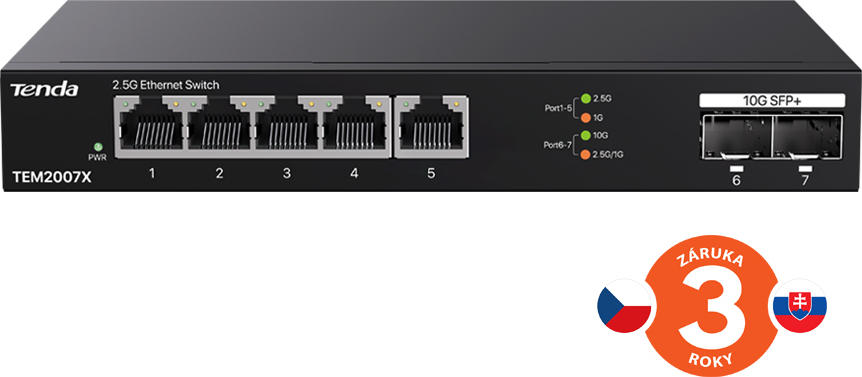 Tenda TEM2007X - Multi-gigabit switch, 5x 2.5G RJ45 + 2x 10G SFP+ port, MAC 16K, ochrana 6kV