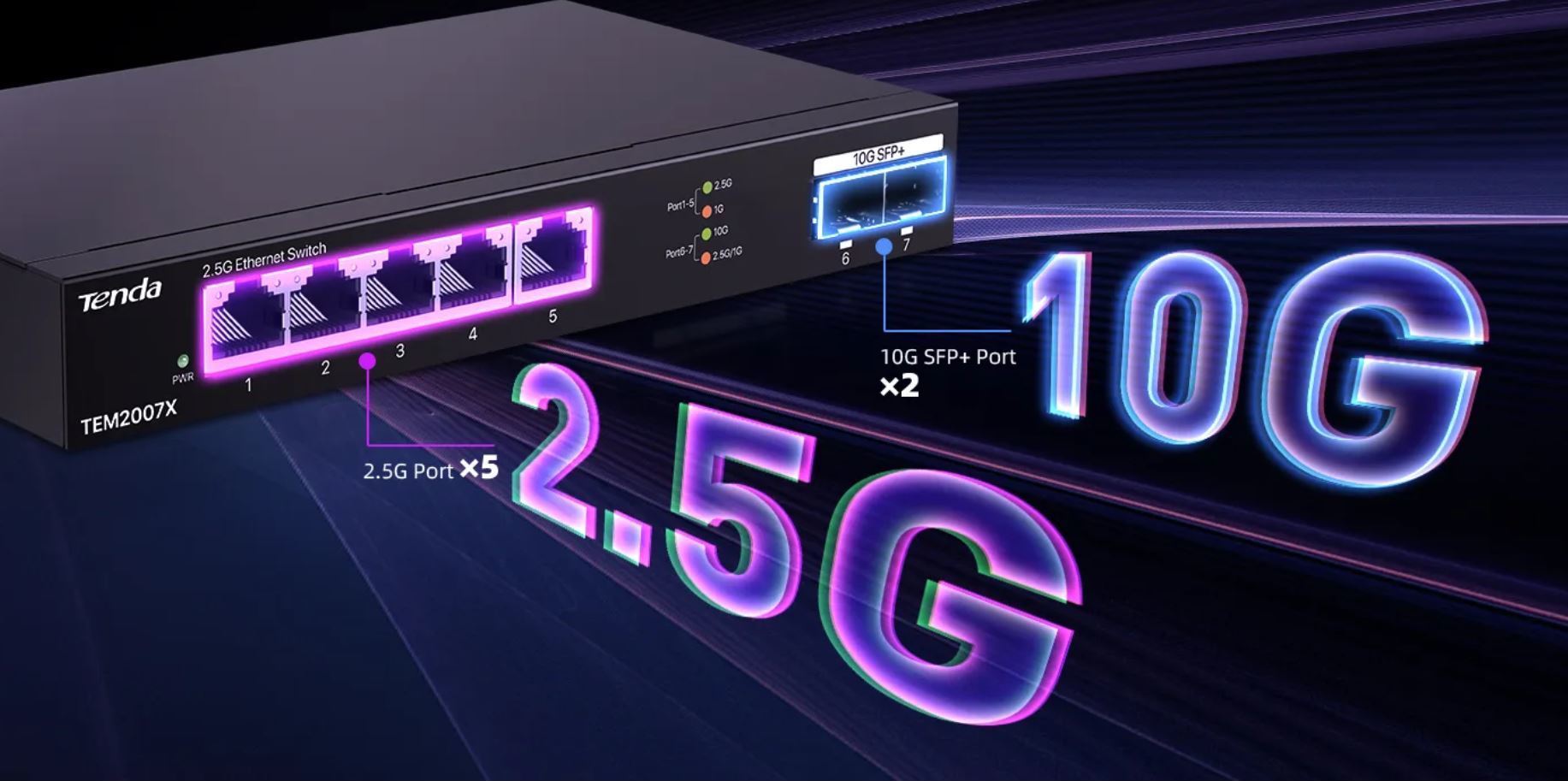 Tenda TEM2007X - Multi-gigabit switch, 5x 2.5G RJ45 + 2x 10G SFP+ port, MAC 16K, ochrana 6kV