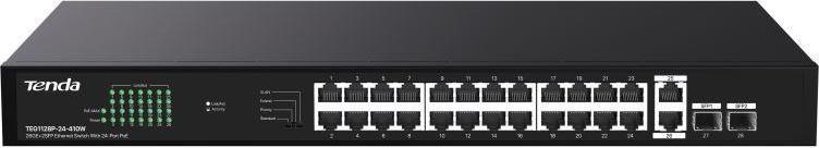 Tenda TEG1128P-24-410W PoE+ Gigabit switch 24x 1Gb/s PoE+ 802.3af/at + 2x SFP + 2x RJ45, 370W, Rack