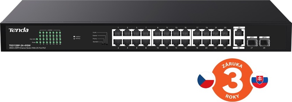 Tenda TEG1128P-24-410W PoE+ Gigabit switch 24x 1Gb/s PoE+ 802.3af/at + 2x SFP + 2x RJ45, 370W, Rack