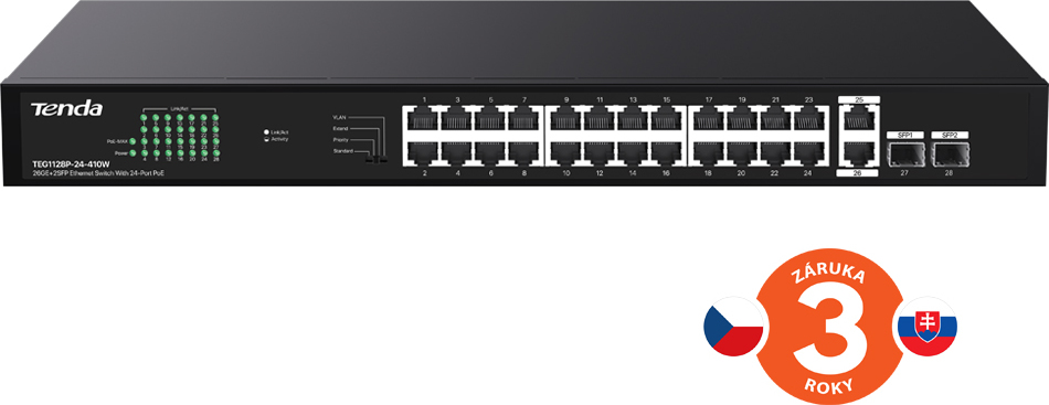 Tenda TEG1128P-24-410W PoE+ Gigabit switch 24x 1Gb/s PoE+ 802.3af/at + 2x SFP + 2x RJ45, 370W, Rack
