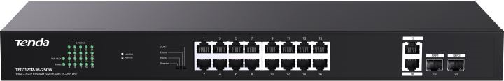 Tenda TEG1120P-16-250W PoE+ Gigabit switch 16x 1Gb/s PoE+ 802.3af/at + 2x SFP + 2x RJ45, 230W, Rack