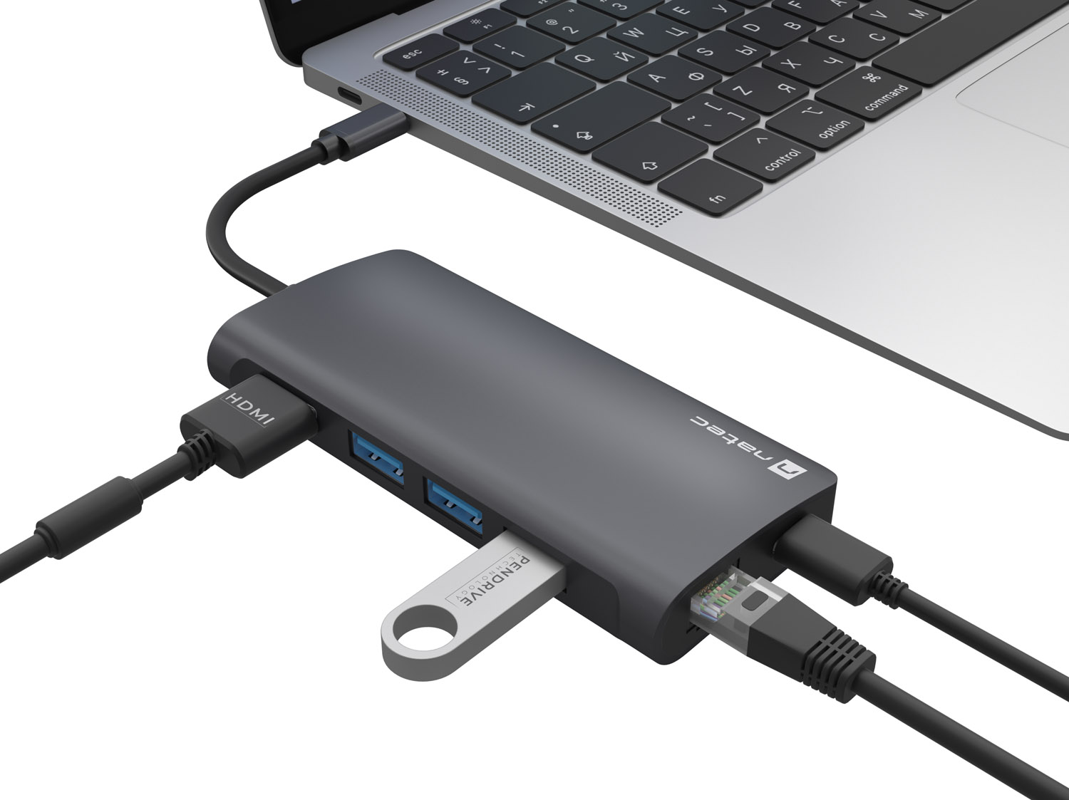 Natec multiport adaptér FOWLER 2 3X USB 3.0 HUB, HDMI 4K, USB-C, RJ45, SD, MICRO SD