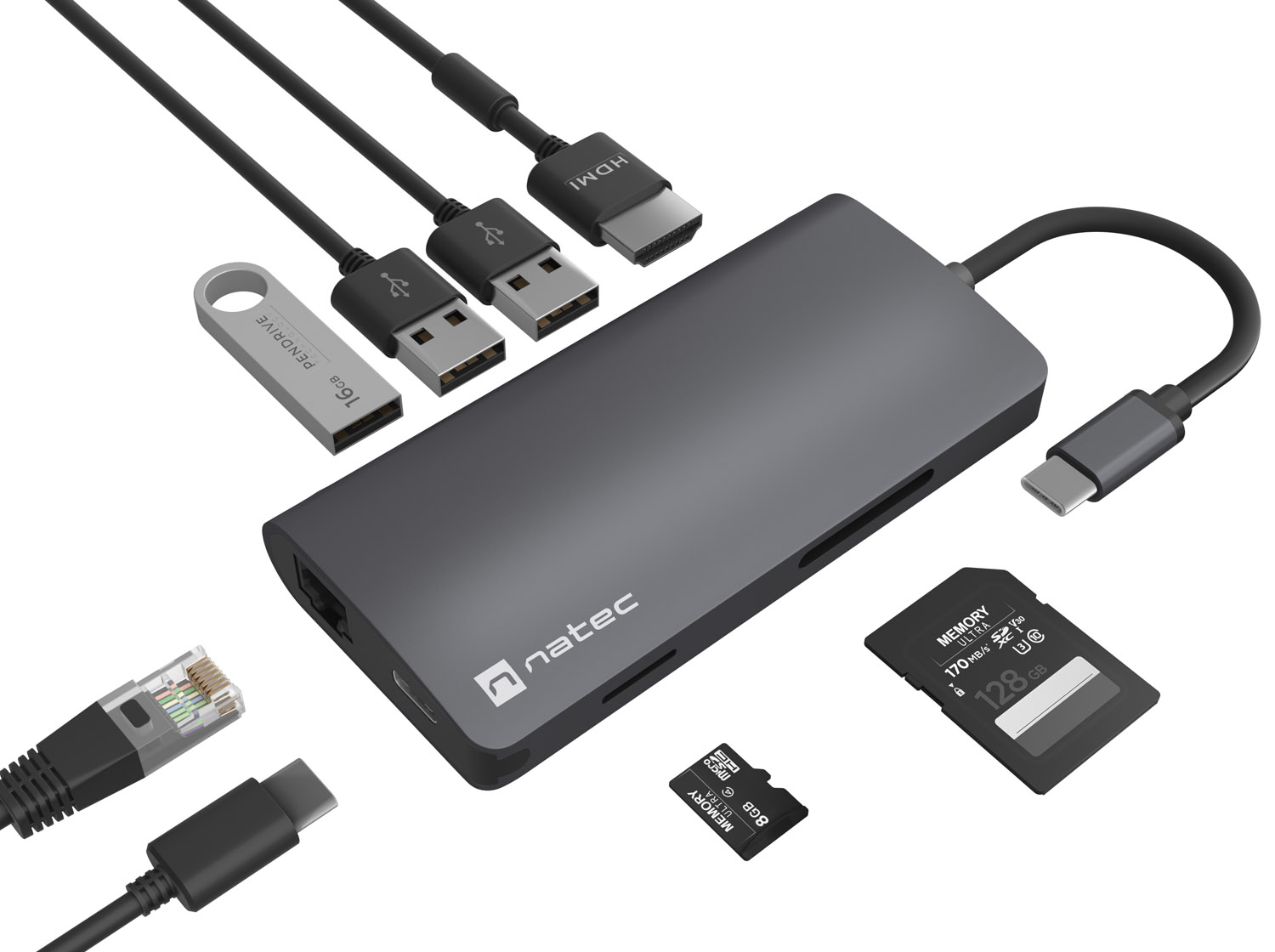 Natec multiport adaptér FOWLER 2 3X USB 3.0 HUB, HDMI 4K, USB-C, RJ45, SD, MICRO SD