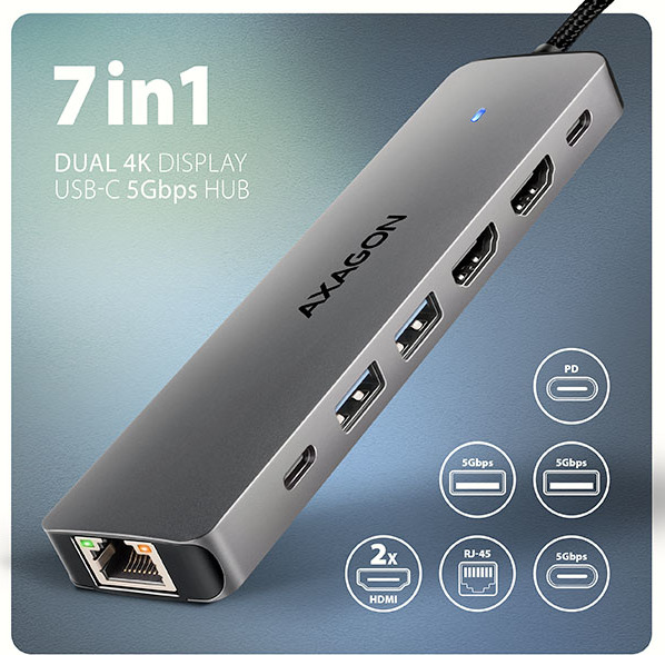 AXAGON HMC-7HX2, USB 5Gbps hub, 2x USB-A, USB-C, 2x HDMI 4k/60Hz, RJ-45 GLAN, PD 100W, kábel USB-C 15cm