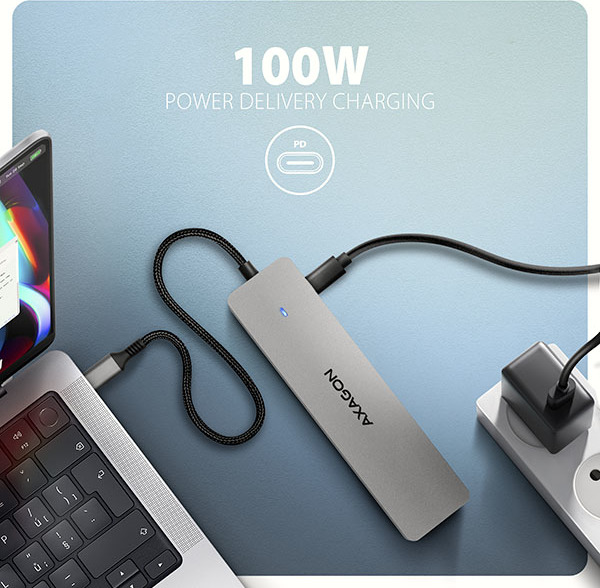 AXAGON HMC-7HX2, USB 5Gbps hub, 2x USB-A, USB-C, 2x HDMI 4k/60Hz, RJ-45 GLAN, PD 100W, kábel USB-C 15cm