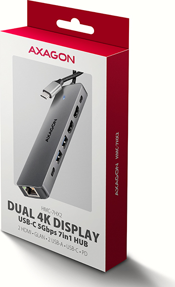 AXAGON HMC-7HX2, USB 5Gbps hub, 2x USB-A, USB-C, 2x HDMI 4k/60Hz, RJ-45 GLAN, PD 100W, kábel USB-C 15cm