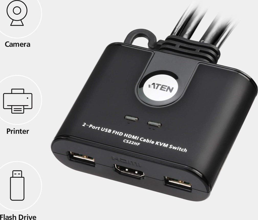 ATEN 2-port mini HDMI KVM USB, integrované kabely, tlačítko pro přepínání