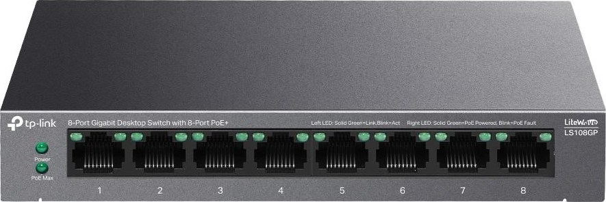 TP-Link LiteWave switch LS108GP (8xGbE, 8xPoE+, 62W, fanless)
