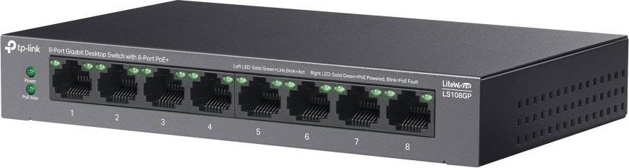 TP-Link LiteWave switch LS108GP (8xGbE, 8xPoE+, 62W, fanless)