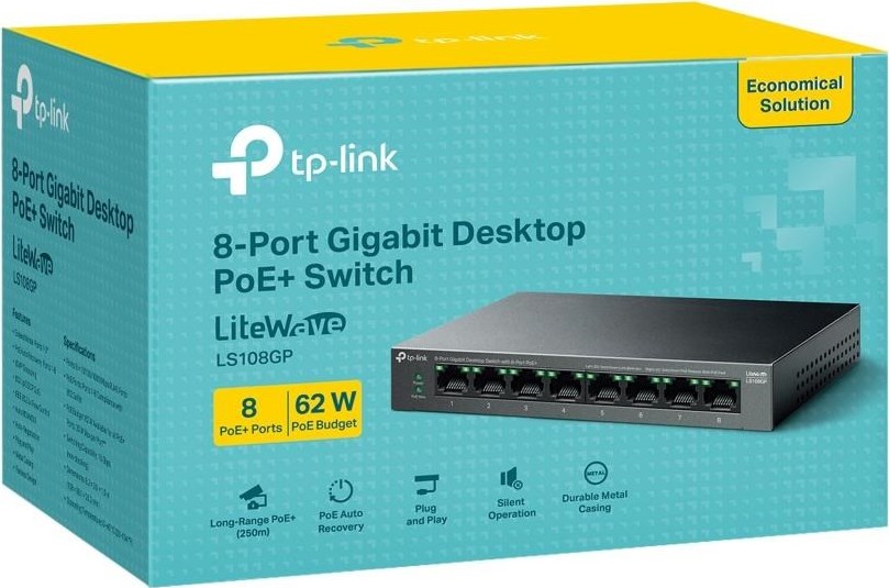TP-Link LiteWave switch LS108GP (8xGbE, 8xPoE+, 62W, fanless)