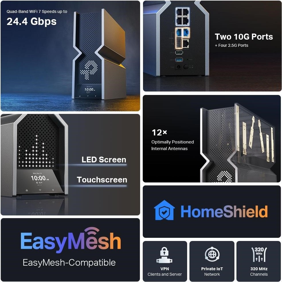 TP-Link Archer BE900 OneMesh/EasyMesh WiFi7 router(BE24000,2,4GHz/5GHz/6GHz,1x10GbELAN/WAN,1xSFP+/10GbEWAN/LAN,4x2,5GbE)
