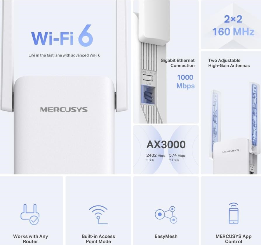 MERCUSYS ME80X WiFi6 Extender/Repeater (AX3000,2,4GHz/5GHz,1xGbELAN)