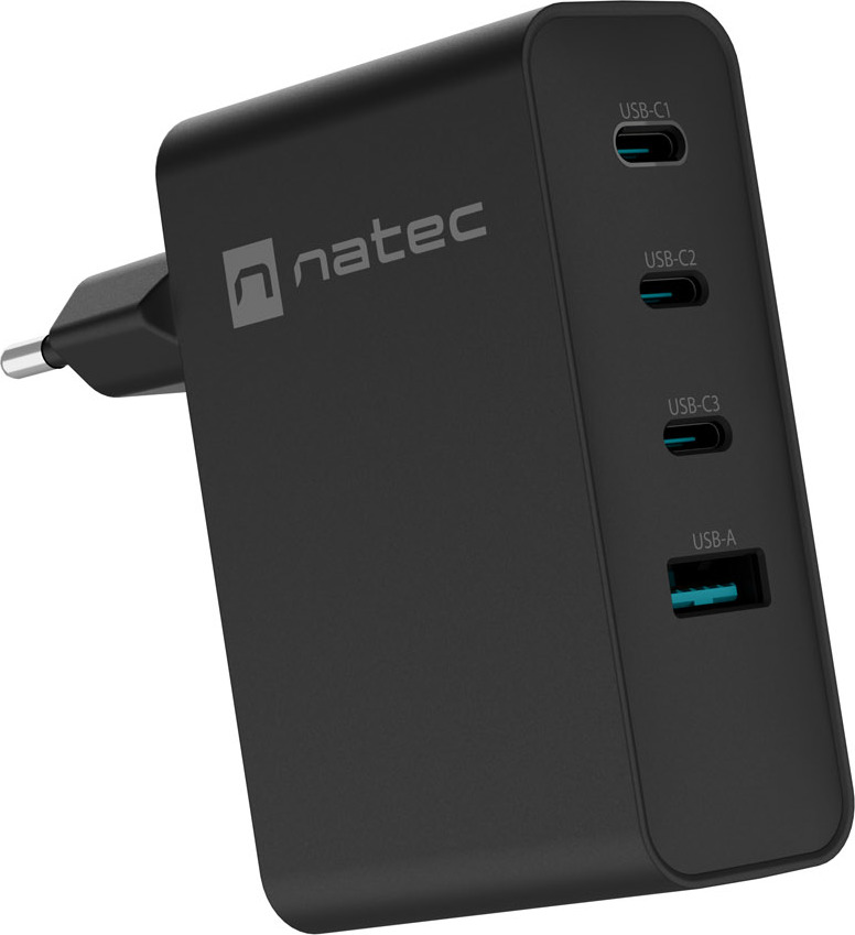 Univerzální USB nabíječka Natec GaN 100W, 3X USB-C, 1X USB-A, Černá
