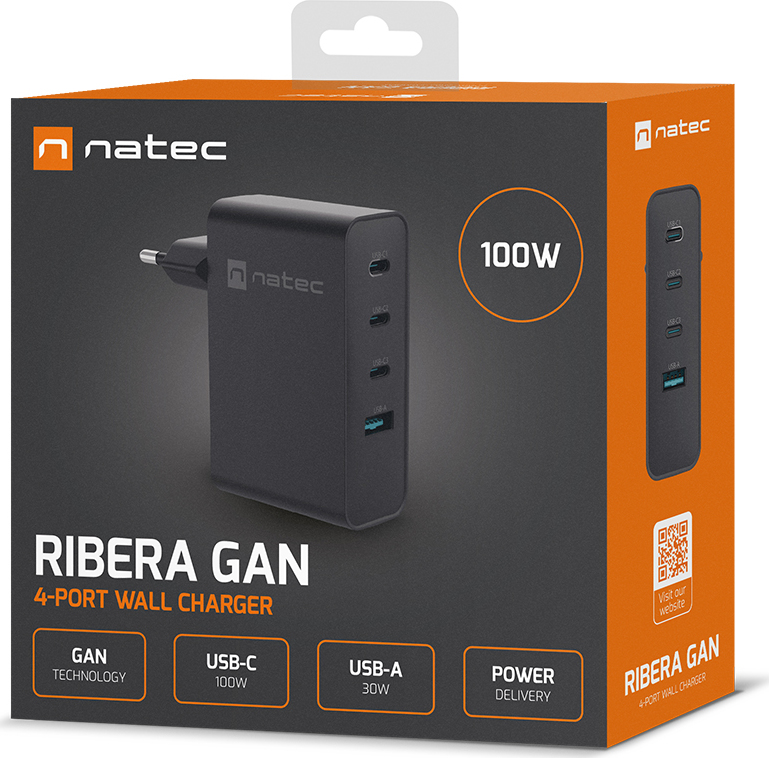 Univerzální USB nabíječka Natec GaN 100W, 3X USB-C, 1X USB-A, Černá