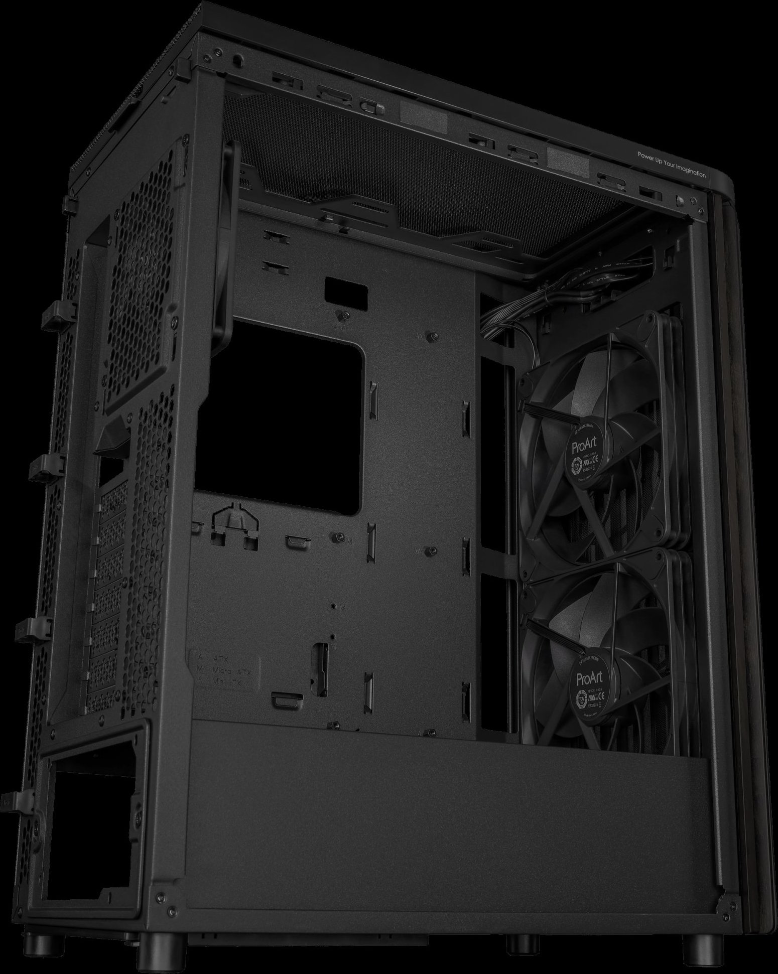 ASUS case PROART PA401 WOOD METAL, Mid Tower, ATX, 1xUSB-C Gen2x2, 2xUSB 3.0, 2x 160mm Fan, 1x 120mm Fan, černá