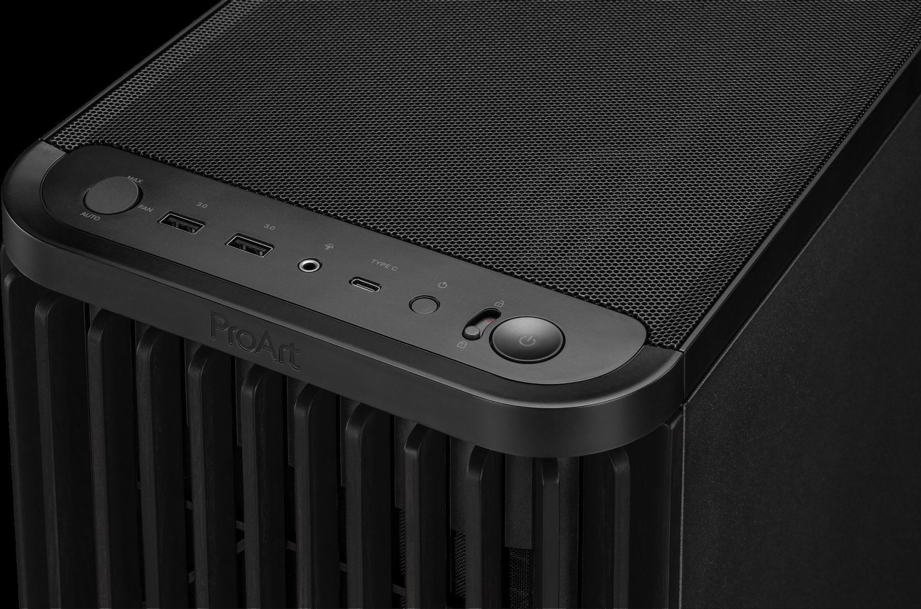 ASUS case PROART PA401 WOOD TG, Mid Tower, ATX, 1xUSB-C Gen2x2, 2xUSB 3.0, 2x 160mm Fan, 1x 120mm Fan, černá
