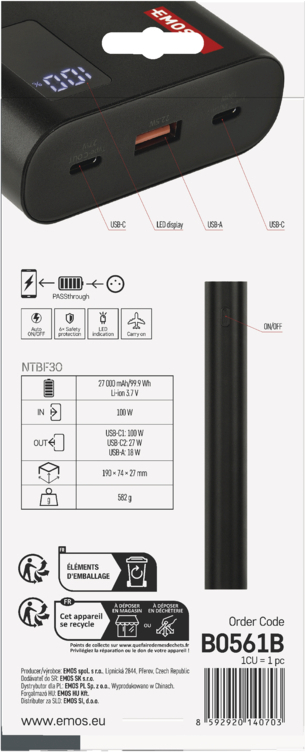 EMOS PWB NTBF30 27000MAH 100W PD 1×USB-C 1×USB-A