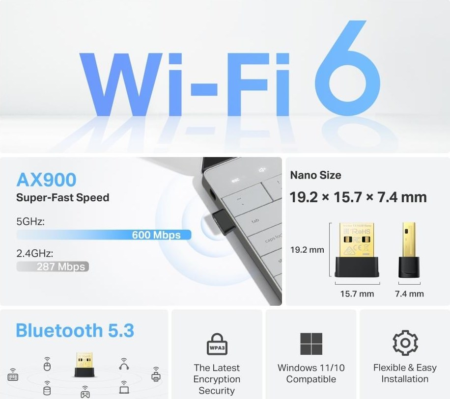 TP-Link Archer TX10UB Nano WiFi6 USB adapter (AX900,2,4GHz/5GHz,USB2.0,Bluetooth5.3)