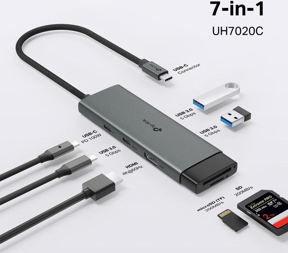 TP-Link UH7020C USB-C hub 7v1 (2x USB3.2Gen1,1xUSB-C3.2Gen1, 1xHDMI, 1xSD, 1xmicroSD, PD 100W)