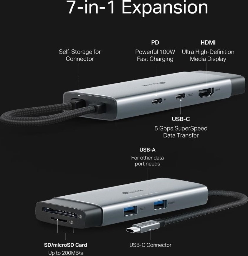 TP-Link UH7020C USB-C hub 7v1 (2x USB3.2Gen1,1xUSB-C3.2Gen1, 1xHDMI, 1xSD, 1xmicroSD, PD 100W)