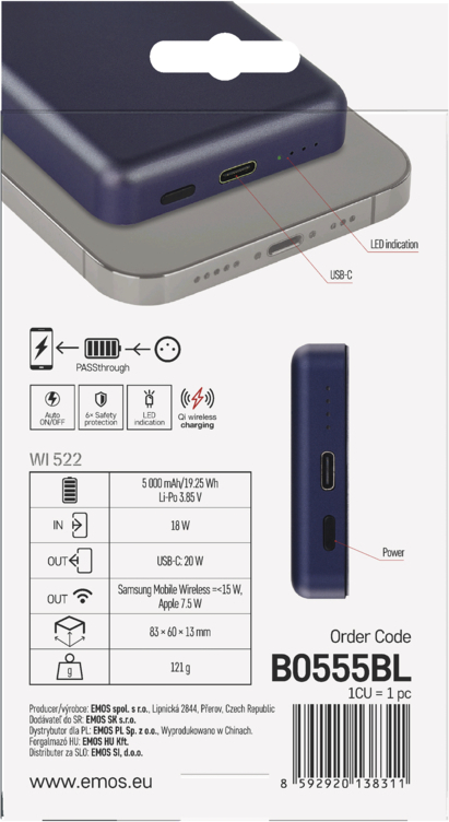 EMOS POWERBANKA WI 522, bezdrátové nabíjení 20W, 5.000mAh, MODRÁ, 1xUSB-C