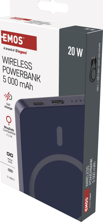 EMOS POWERBANKA WI 522, bezdrátové nabíjení 20W, 5.000mAh, MODRÁ, 1xUSB-C