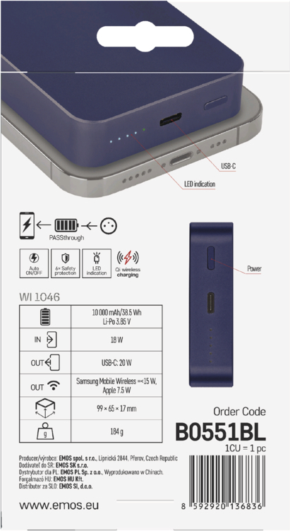 EMOS POWERBANKA WI 1046, bezdrátové nabíjení 20W, 10.000mAh, MODRÁ, 1xUSB-C