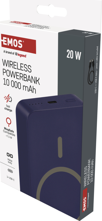 EMOS POWERBANKA WI 1046, bezdrátové nabíjení 20W, 10.000mAh, MODRÁ, 1xUSB-C