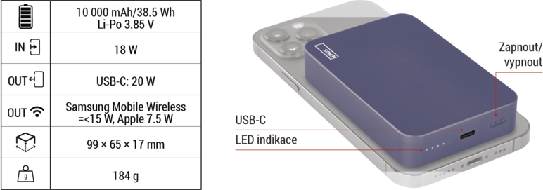 EMOS POWERBANKA WI 1046, bezdrátové nabíjení 20W, 10.000mAh, MODRÁ, 1xUSB-C