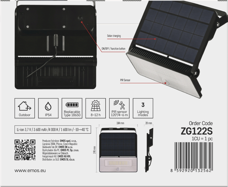 EMOS LED SOLARNÍ REFLEKTOR SOLO 1600LM IP54 NW