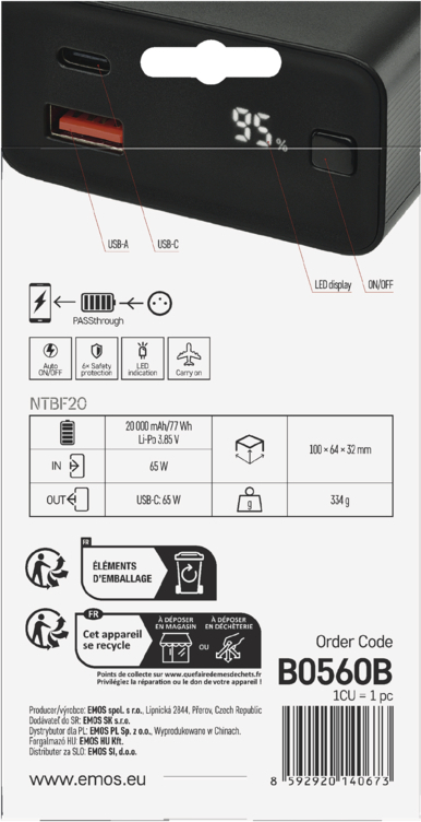 EMOS PWB NTBF20 20000MAH 65W PD 1×USB-C 1×USB-A