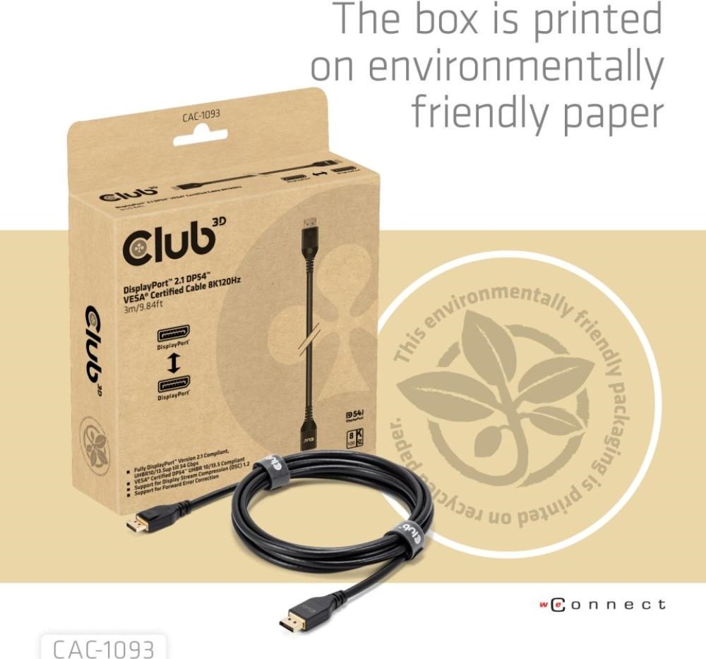 Club 3D Club3D Kabel DisplayPort 2.1 na DisplayPort 2.1, VESA DP54, 4K240Hz/8K120Hz (M/M), 3m, černá