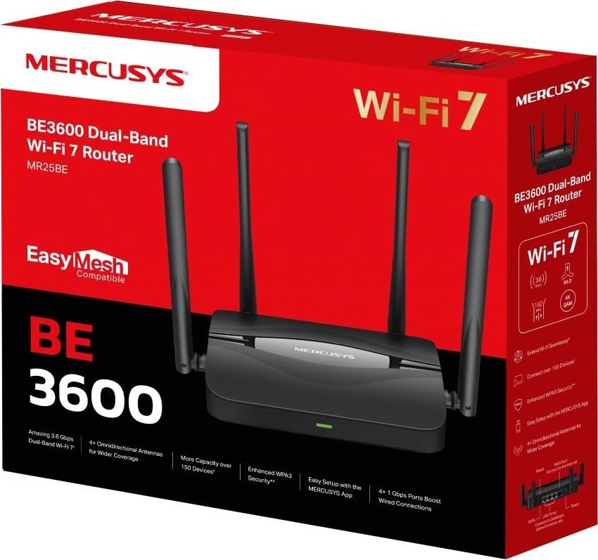 MERCUSYS MR25BE EasyMesh WiFi7 router (BE3600, 2,4GHz/5GHz,1xGbEWAN,3xGbELAN)