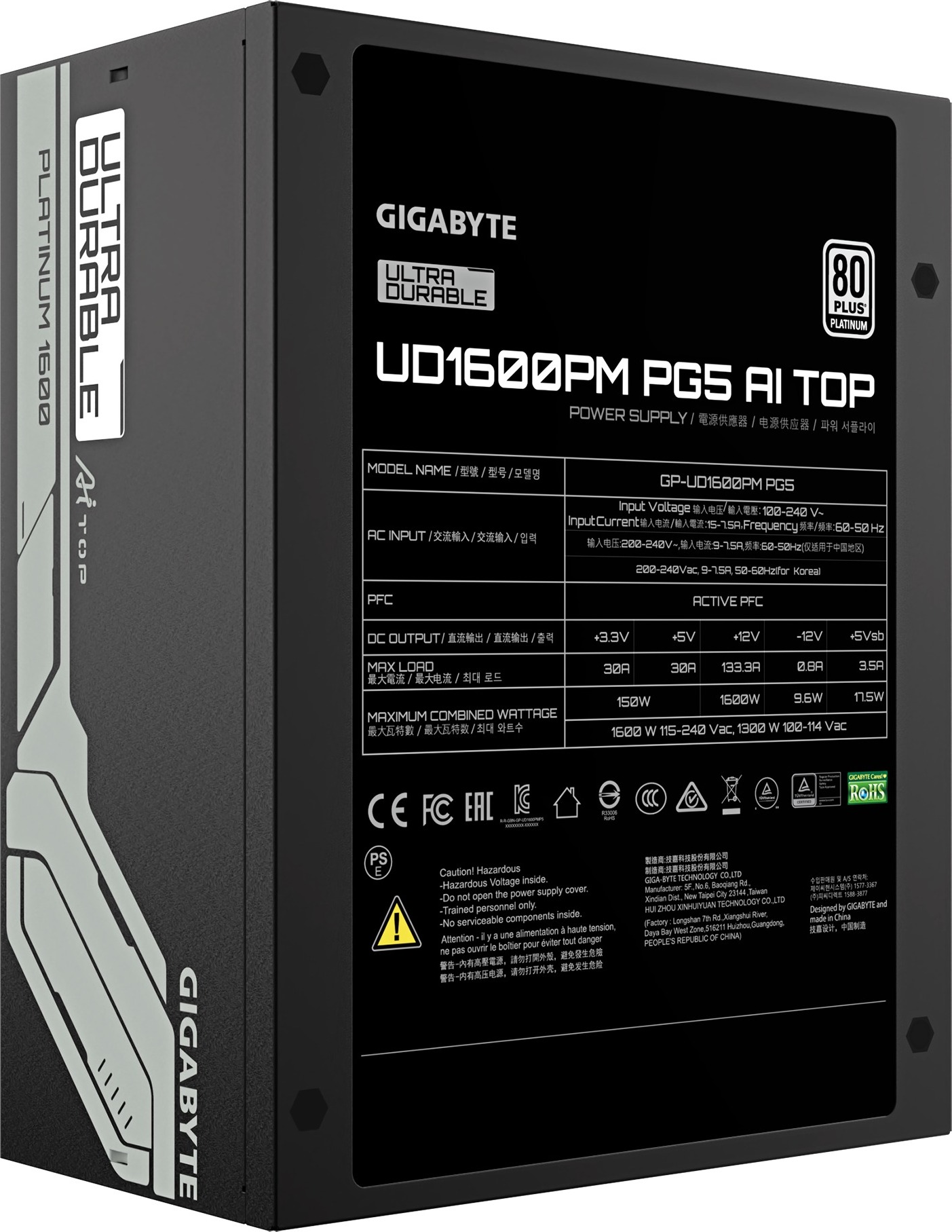 GIGABYTE zdroj UD1600PM PG5 AI TOP, 1600W, 80+ Platinum, 140mm fan