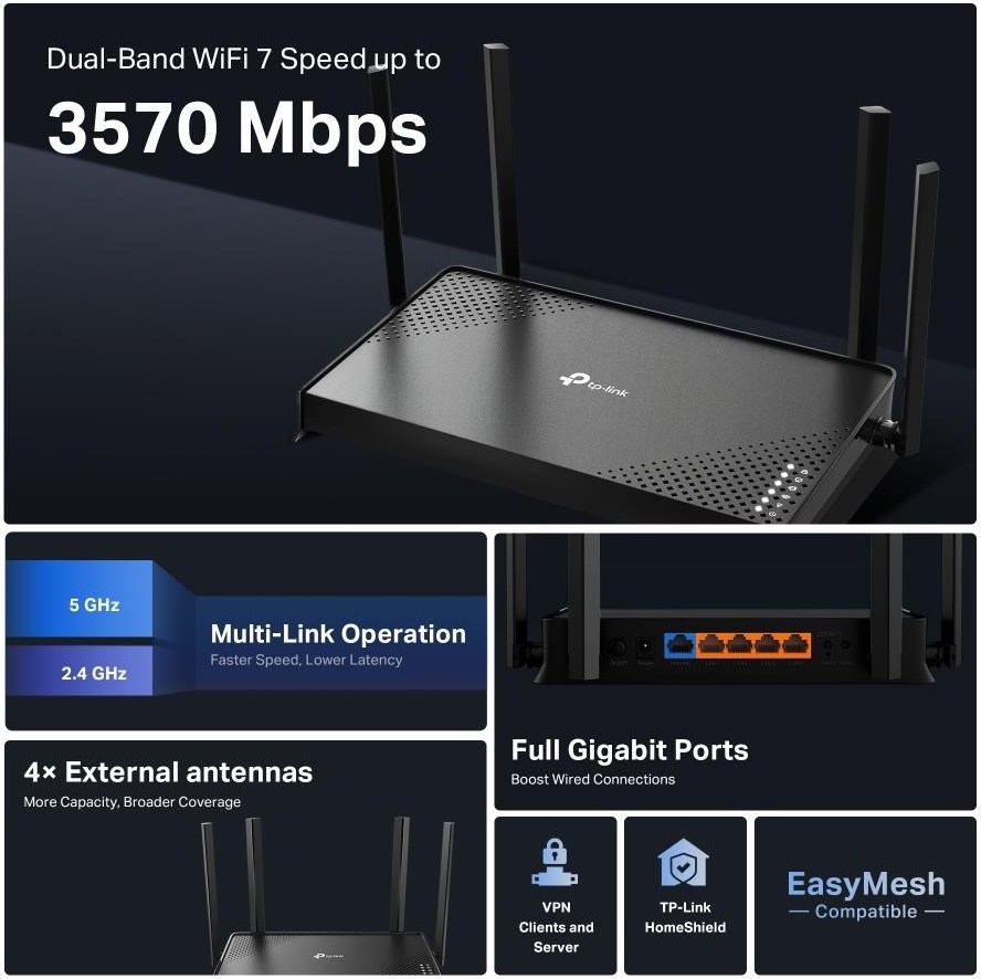 TP-Link Archer BE220 EasyMesh WiFi7 router(BE3600,2,4GHz/5GHz,1xGbEWAN,4xGbELAN)