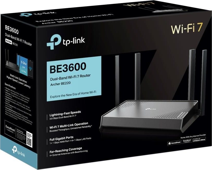 TP-Link Archer BE220 EasyMesh WiFi7 router(BE3600,2,4GHz/5GHz,1xGbEWAN,4xGbELAN)