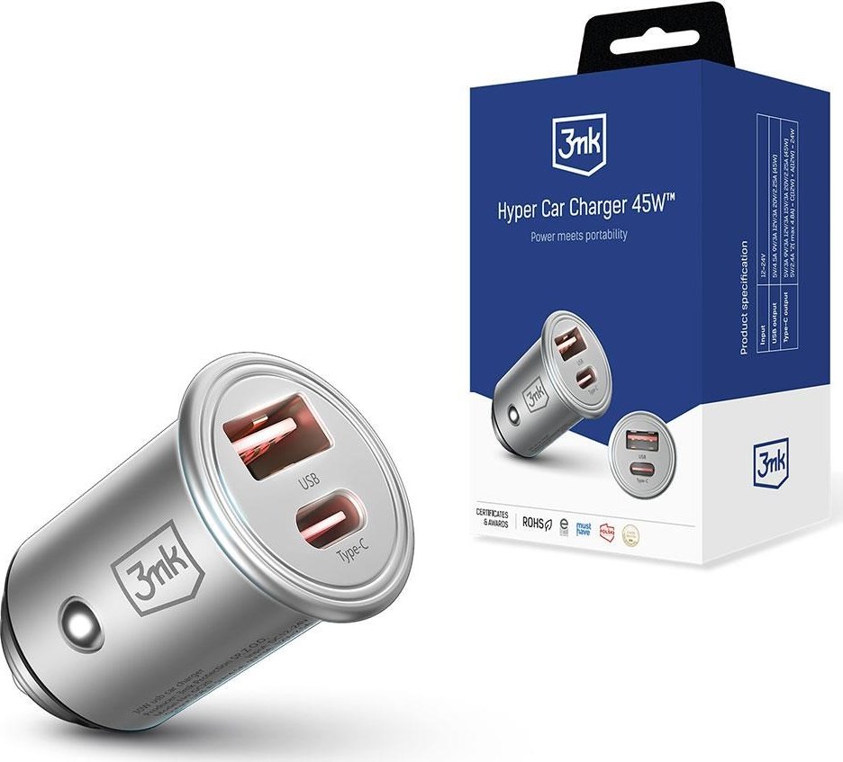3mk nabíječka do auta - Hyper Car Charger 45W, 1x USB + 1x USB-C (PD)