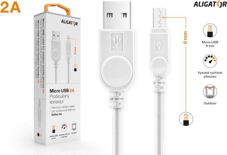 ALIGATOR datový kabel s prodlouženým konektorem microUSB, 2A, bílá