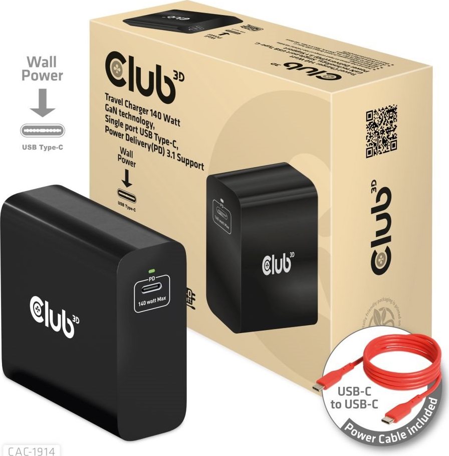 Club 3D Club3D cestovní nabíječka USB-C 140W GaN Technologie, 1xUSB-C, podpora PD 3.1