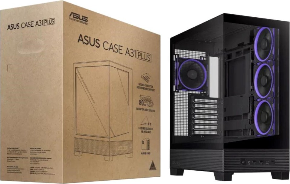 ASUS case A31 PLUS TG ARGB, Mid Tower, Průhledná bočnice, 4x120mm ARGB Fan, ARGB Hub, černá