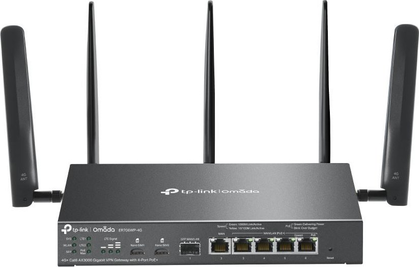TP-Link ER706WP-4G OMADA VPN 4G+Cat6 router (AX3000,1xSFP WAN/LAN,1xGbEWAN,4xGbELAN/WAN,4xPoE+,45W,2xnanoSIM)