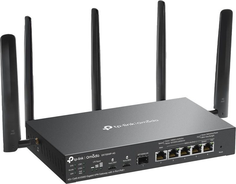 TP-Link ER706WP-4G OMADA VPN 4G+Cat6 router (AX3000,1xSFP WAN/LAN,1xGbEWAN,4xGbELAN/WAN,4xPoE+,45W,2xnanoSIM)