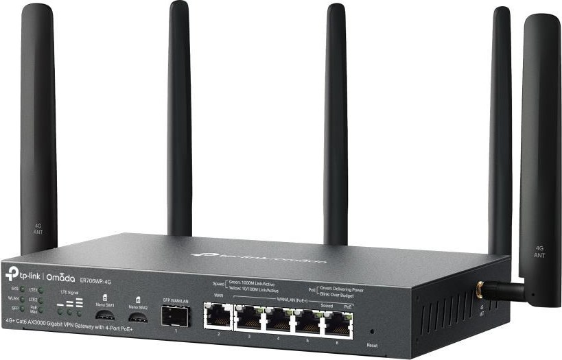 TP-Link ER706WP-4G OMADA VPN 4G+Cat6 router (AX3000,1xSFP WAN/LAN,1xGbEWAN,4xGbELAN/WAN,4xPoE+,45W,2xnanoSIM)
