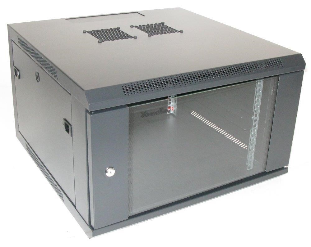 XtendLan 19" nástěnný rozvaděč 6U 600x600, nosnost 60 kg, skleněné dveře, svařovaný, černý