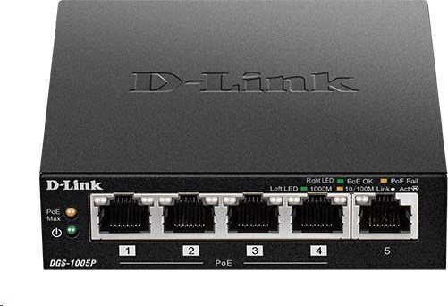 D-Link DGS-1005P 5-portový gigabitový stolový prepínač PoE+, 4 porty PoE+, rozpočet PoE 60 W
